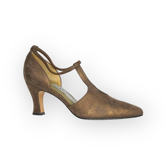 Vintage: Evan Piccone 𖣊 T Strap D’Orsay Heels 𖣊 Textured Metallic Bronze 𖣊 7M - Picture 1 of 16